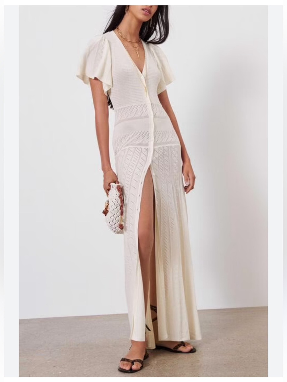 ba&sh AVIVA romantic feminine minimalist Knit maxi dress V-Neck ecru - Picture 3 of 7